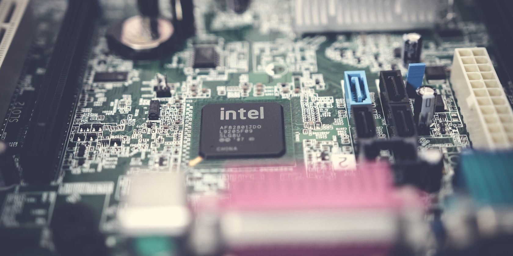 Computer motherboard showing Intel chip