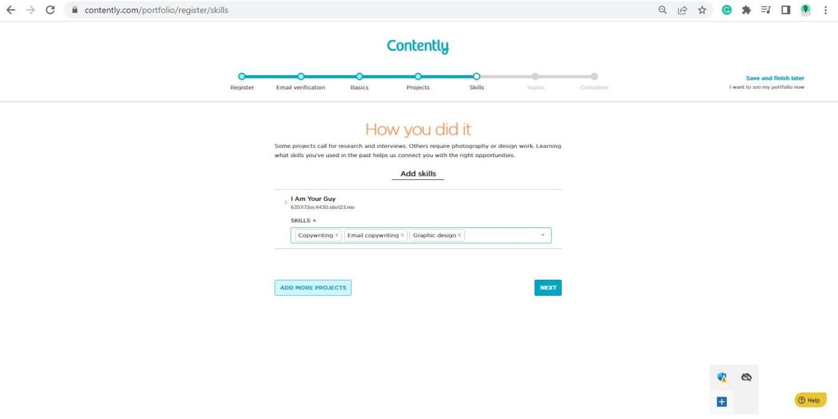 Screenshot showing where to add skills on Contently