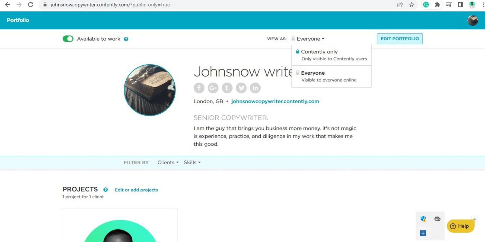 Screenshot showing a completed portfolio