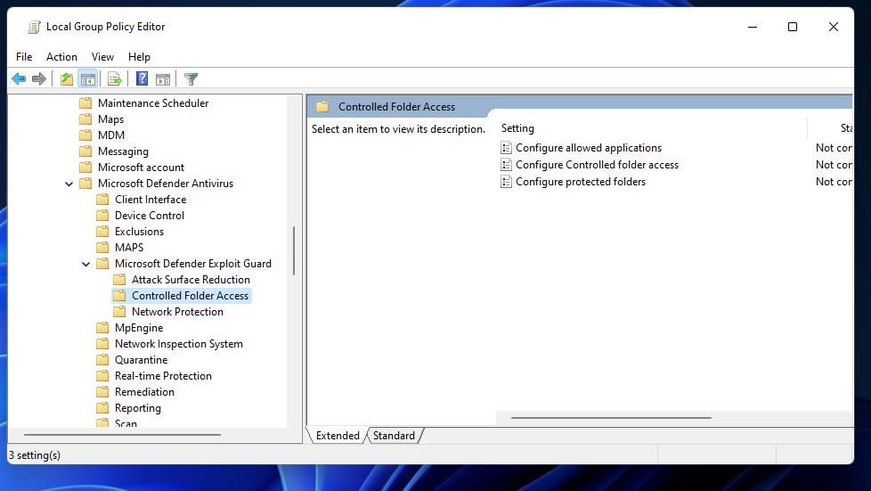 The Controlled Folder Access policy in Group Policy Editor 