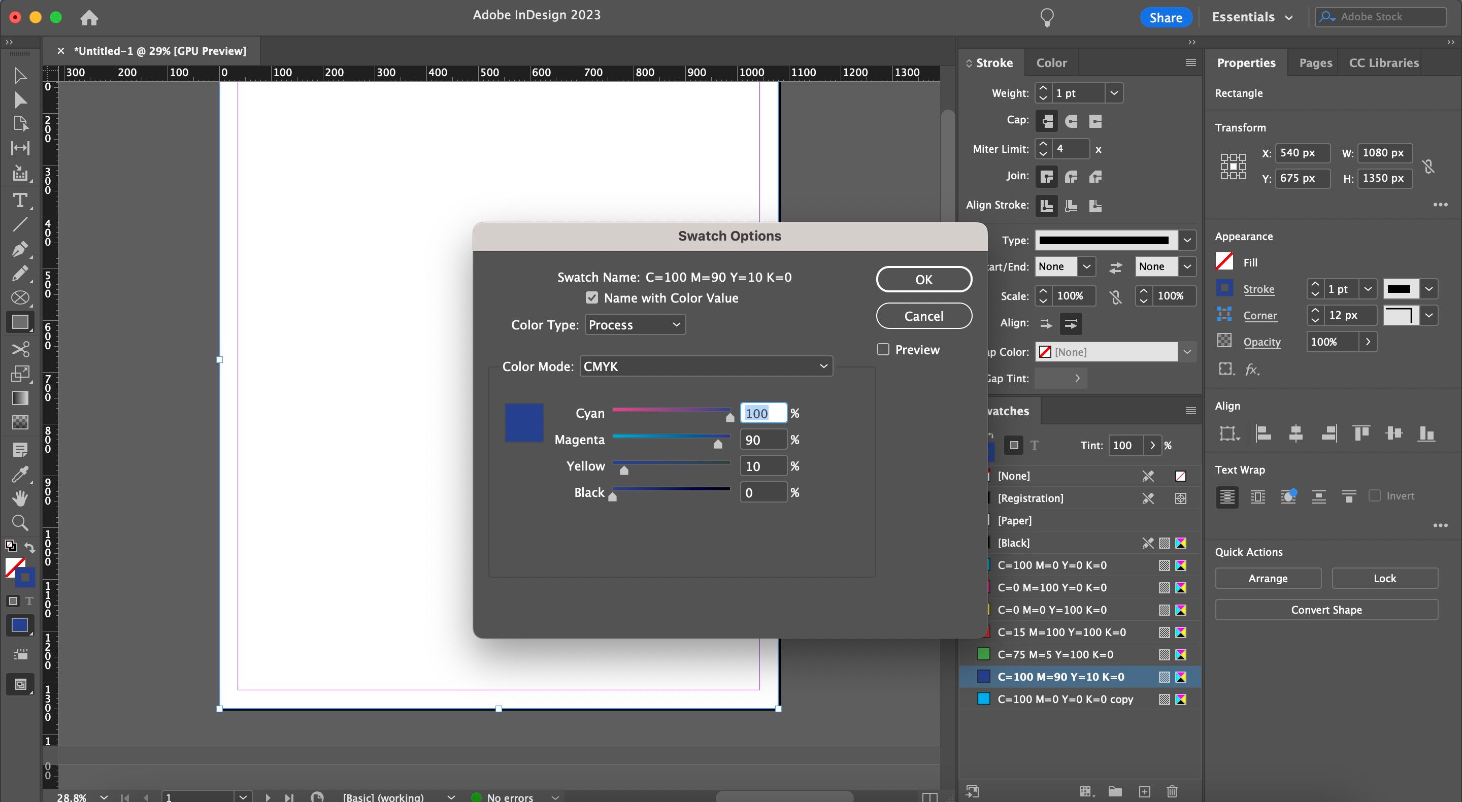 Customize Colors InDesign Screenshot