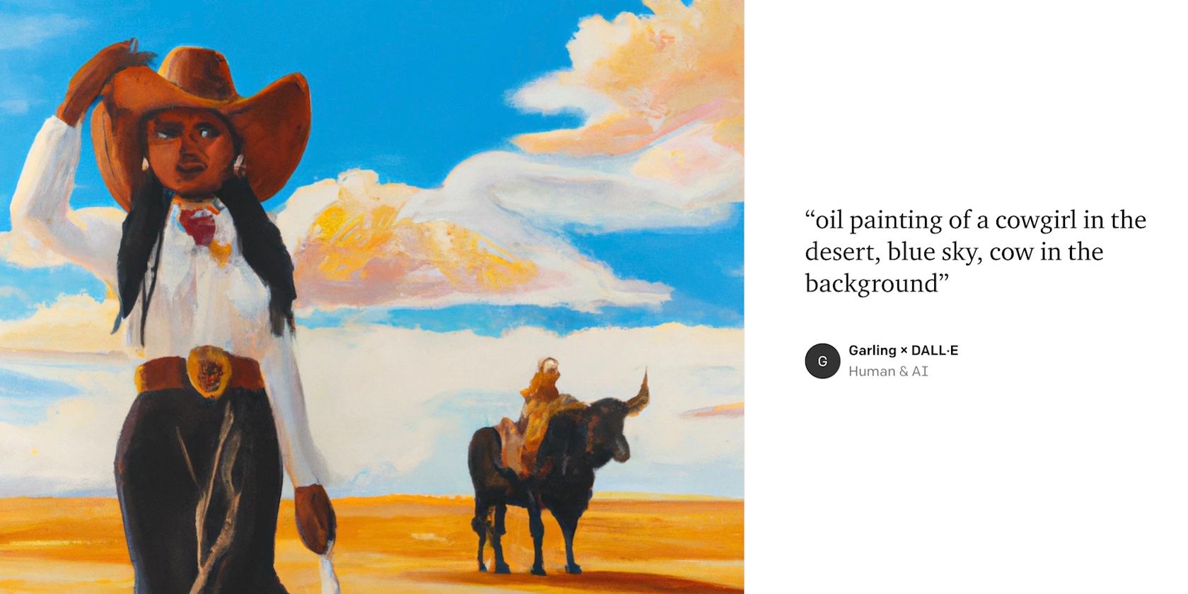 An AI-generated image of a cowgirl next to the prompt used to create it in DALL-E