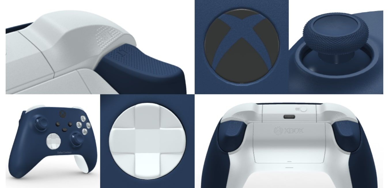 Tangkapan layar layar pratinjau alat desain untuk Xbox Design Labs menampilkan Pengontrol Xbox bergaya Dallas Cowboys 