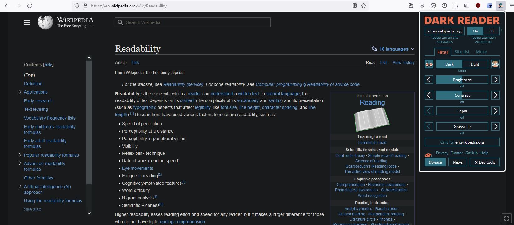 A Screenshot of the Dark Reader Firefox Add-on 