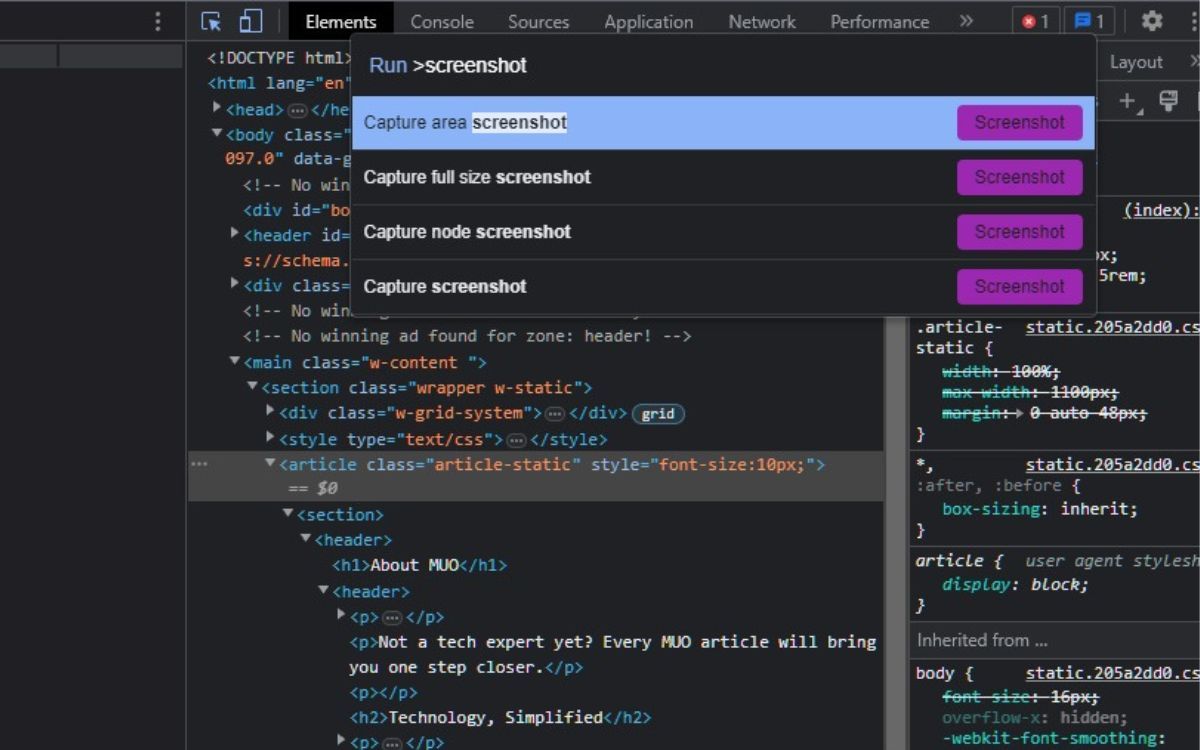 A Screenshot Of The Developer Tools Command Menu Where The Word Screenshot Is Being Typed