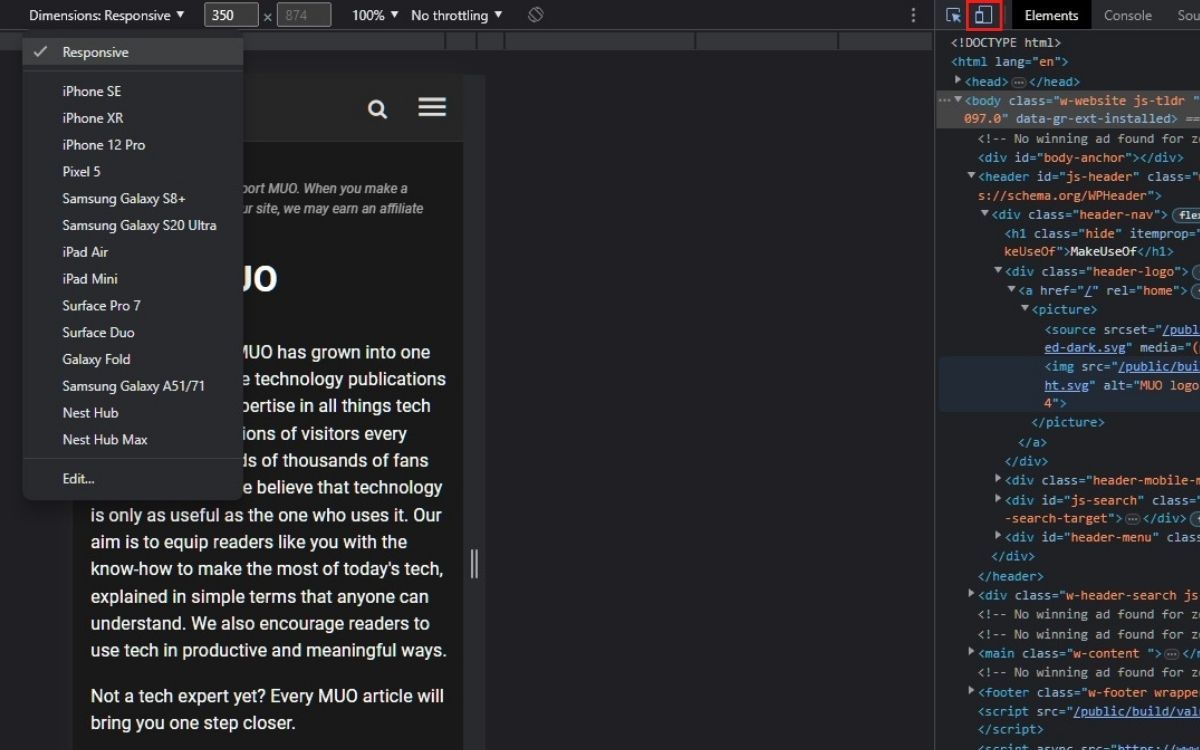 A Screenshot Of The Developer Tools Toolbar