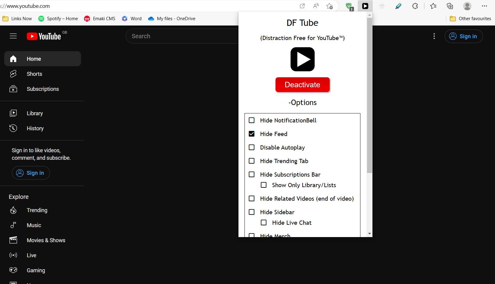 DF Tube Extension Activated on YouTube Homepage