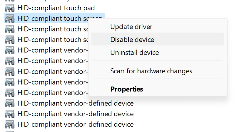 A screenshot of the disable device option in device manager in Windows