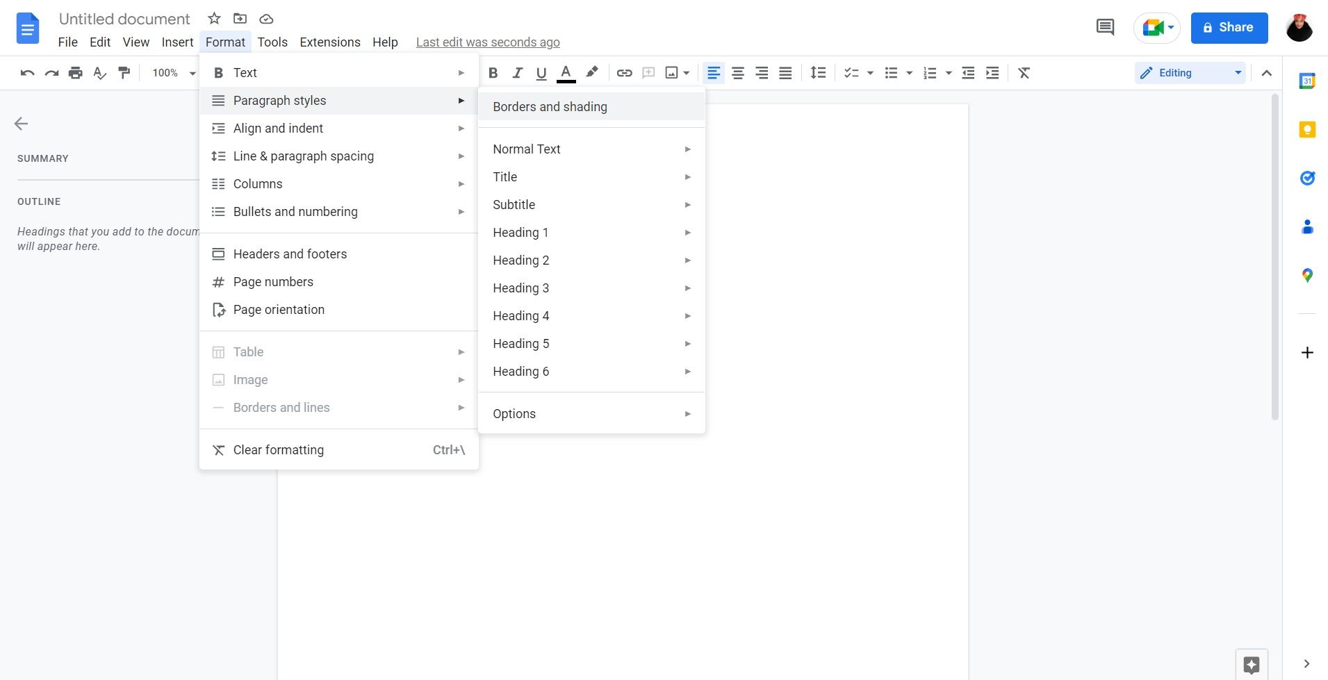 Format menu in Google Docs