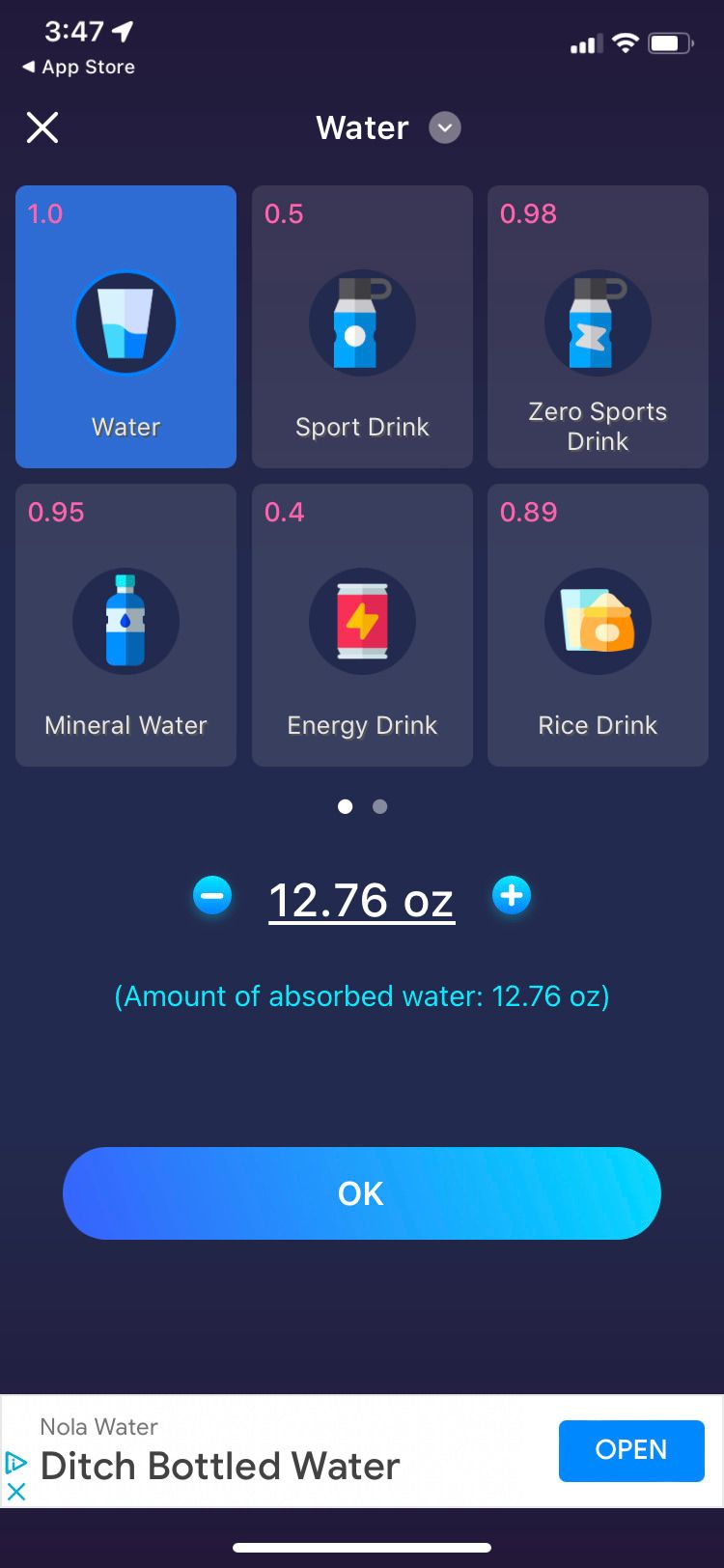 Drink Water app add water screen