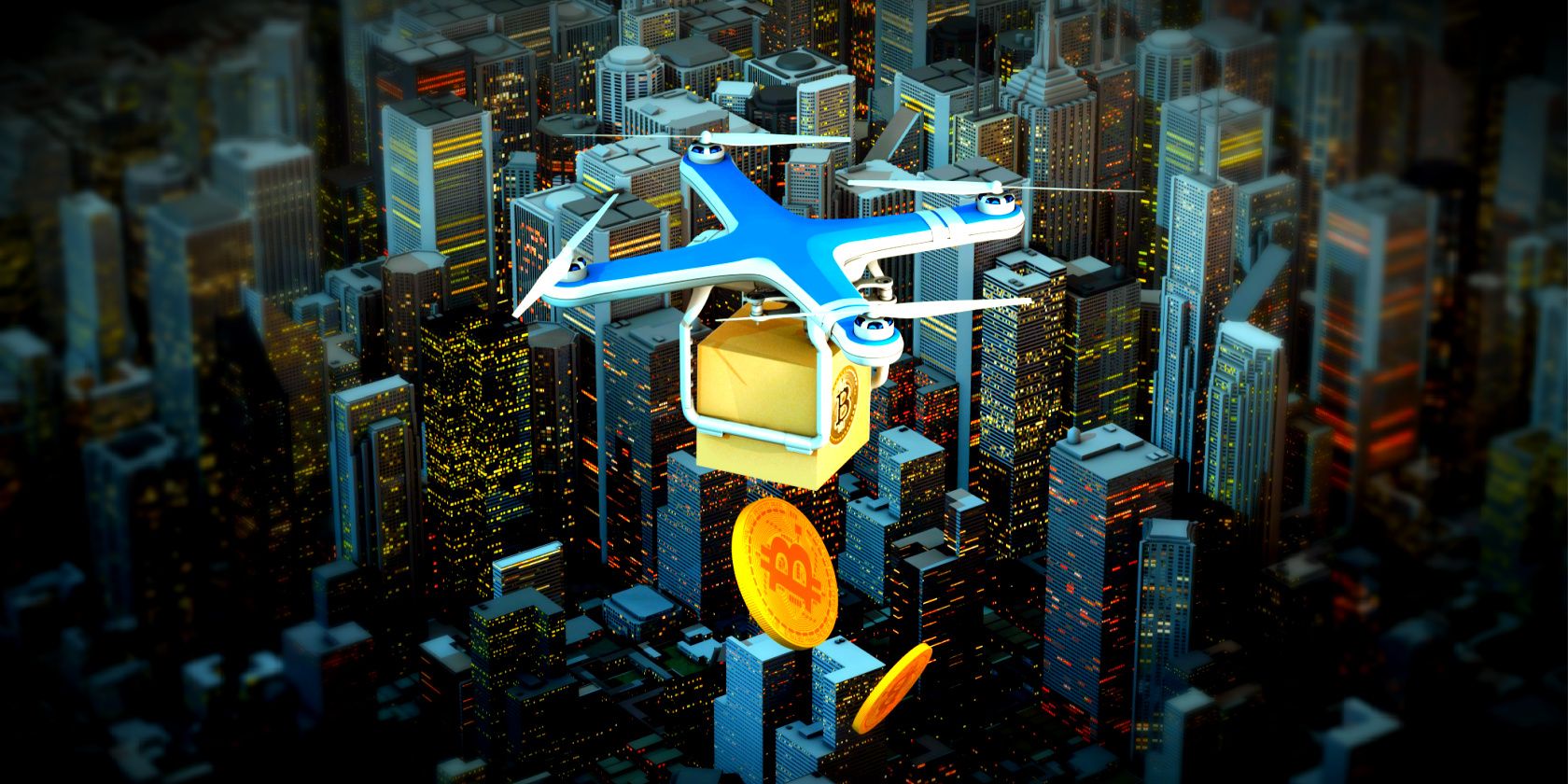 drone airdropping bitcoin over city feature