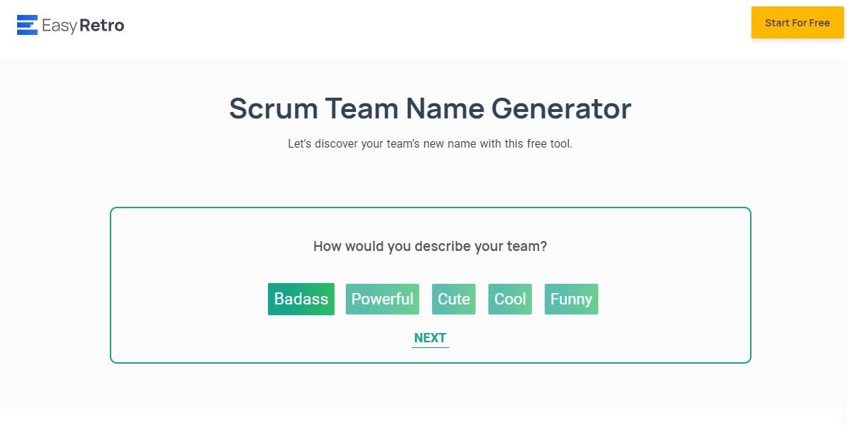 easyretro team name generator screenshot