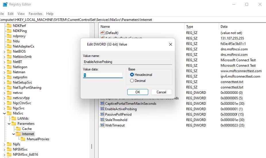 The Edit DWORD window for the EnableActiveProbing DWORD