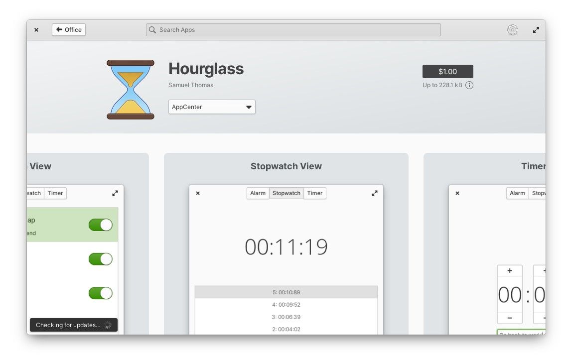Halaman aplikasi Hourglass di AppCenter OS dasar.