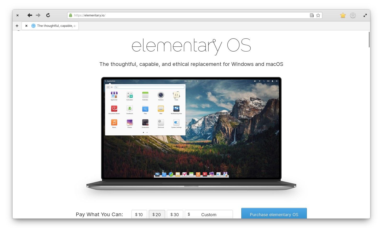 The elementary OS website open in GNOME Web.