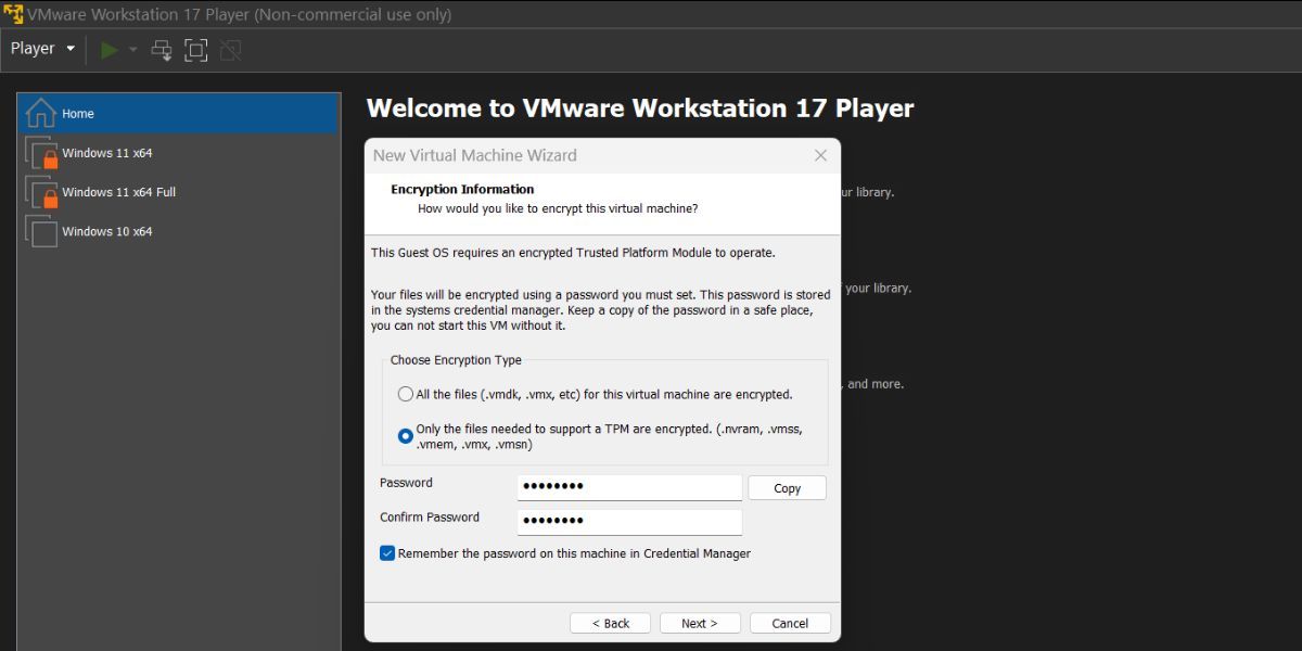 Enabling Encryption in Windows 11 Virtual Machine In VMware Workstation 17 Player