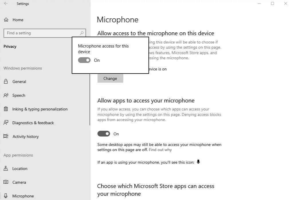 Enabling Microphone Access in Windows Settings App