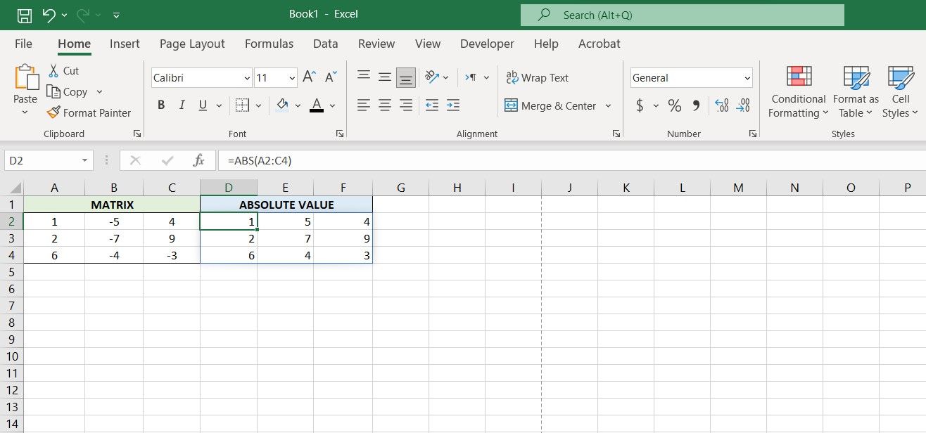 Getting the absolute value of a matrix with ABS in Excel