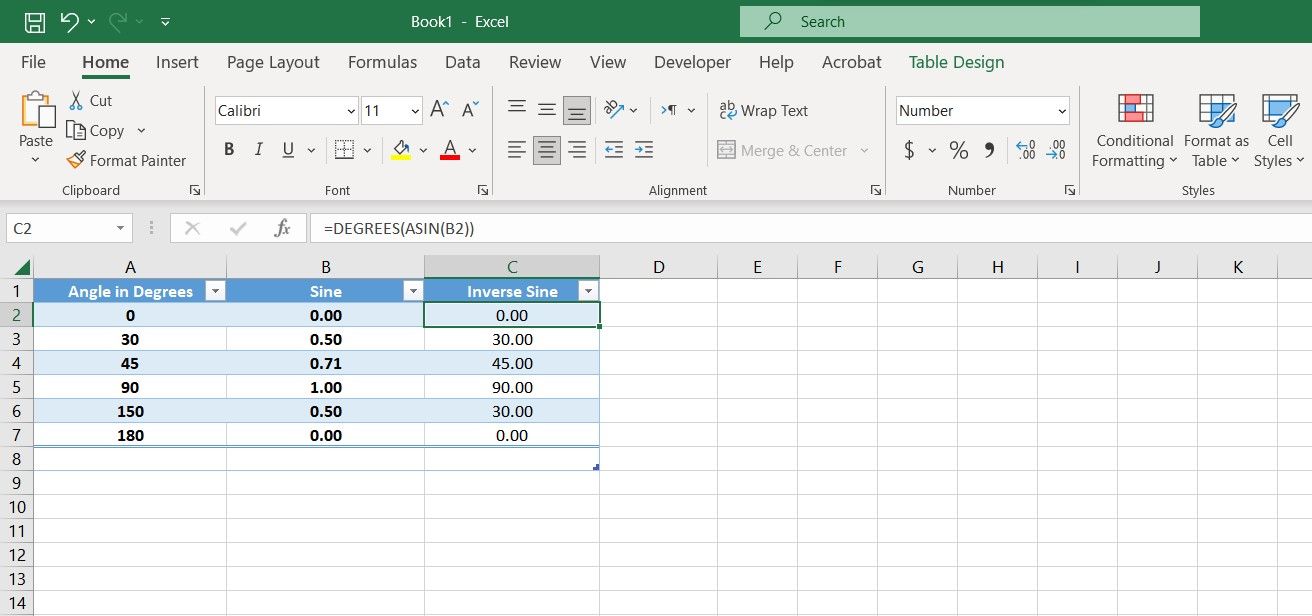 Formatted results of ASIN in Excel