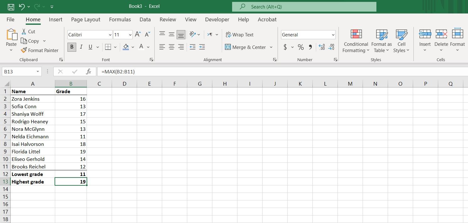 Mengeluarkan nilai terbesar dengan MAX di Excel