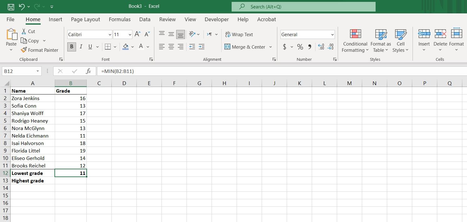 Menggunakan MIN untuk menampilkan nilai terkecil di Excel