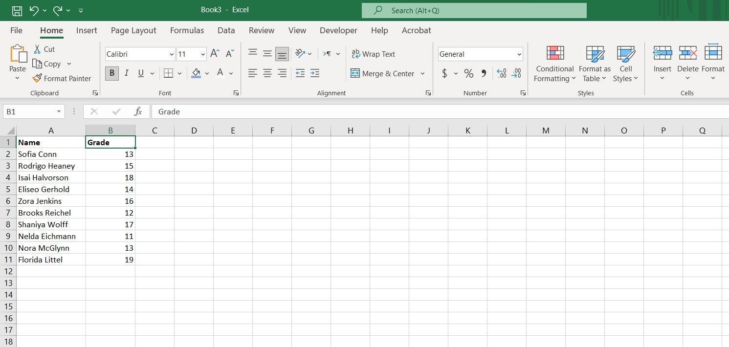 A data table in random order in Excel