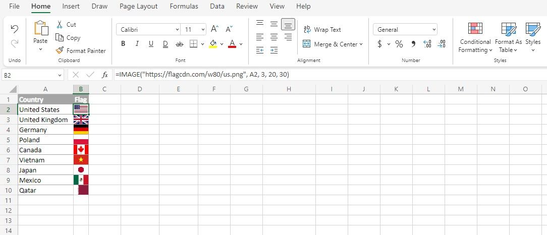 Inserting multiple images with the IMAGE function in Excel