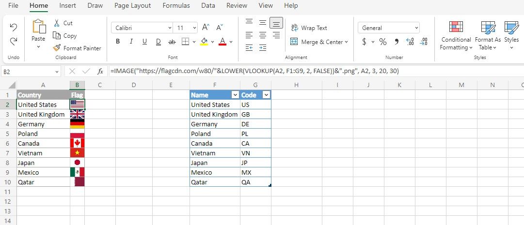 Combining IMAGE and VLOOKUP and LOWER in Excel