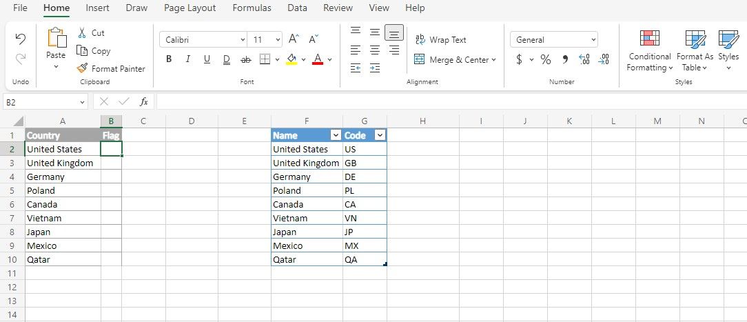 Country names and codes in an Excel spreadsheet