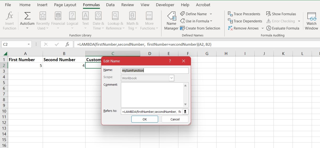 Creating a custom function with Name Manager in Excel