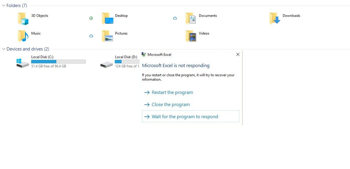Prompt saying "Microsoft Excel is not responding"