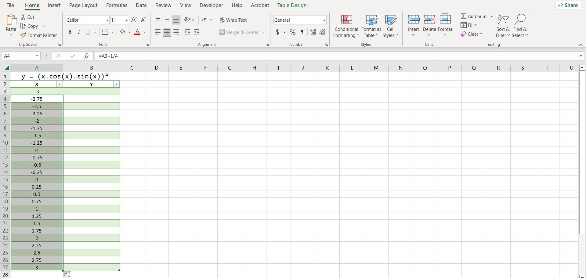 Inputting the X values for an equation in Excel