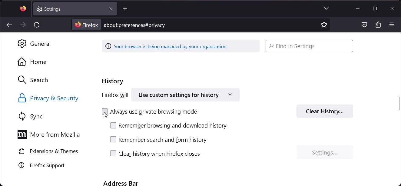 firefox history settings always use private browsing mode