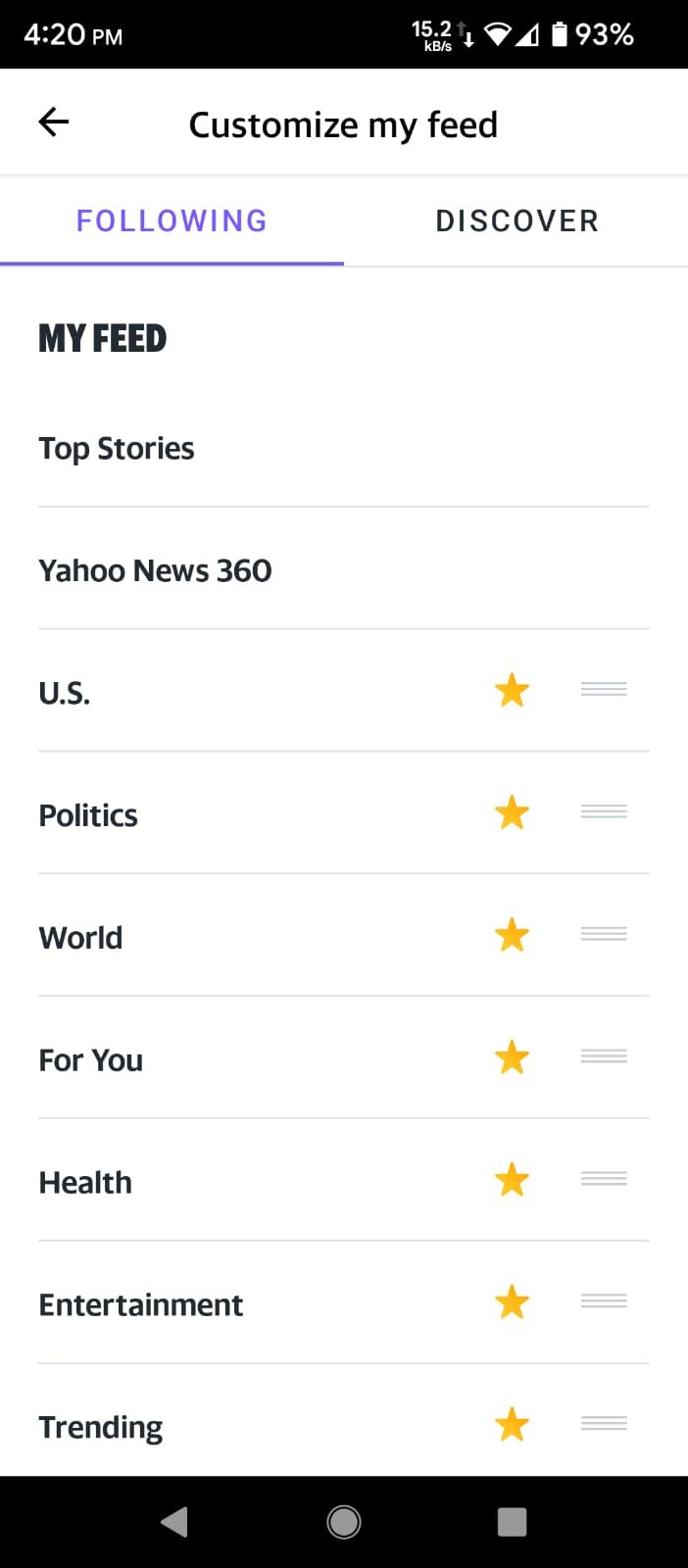 Following and Discover Sections in the Yahoo News App