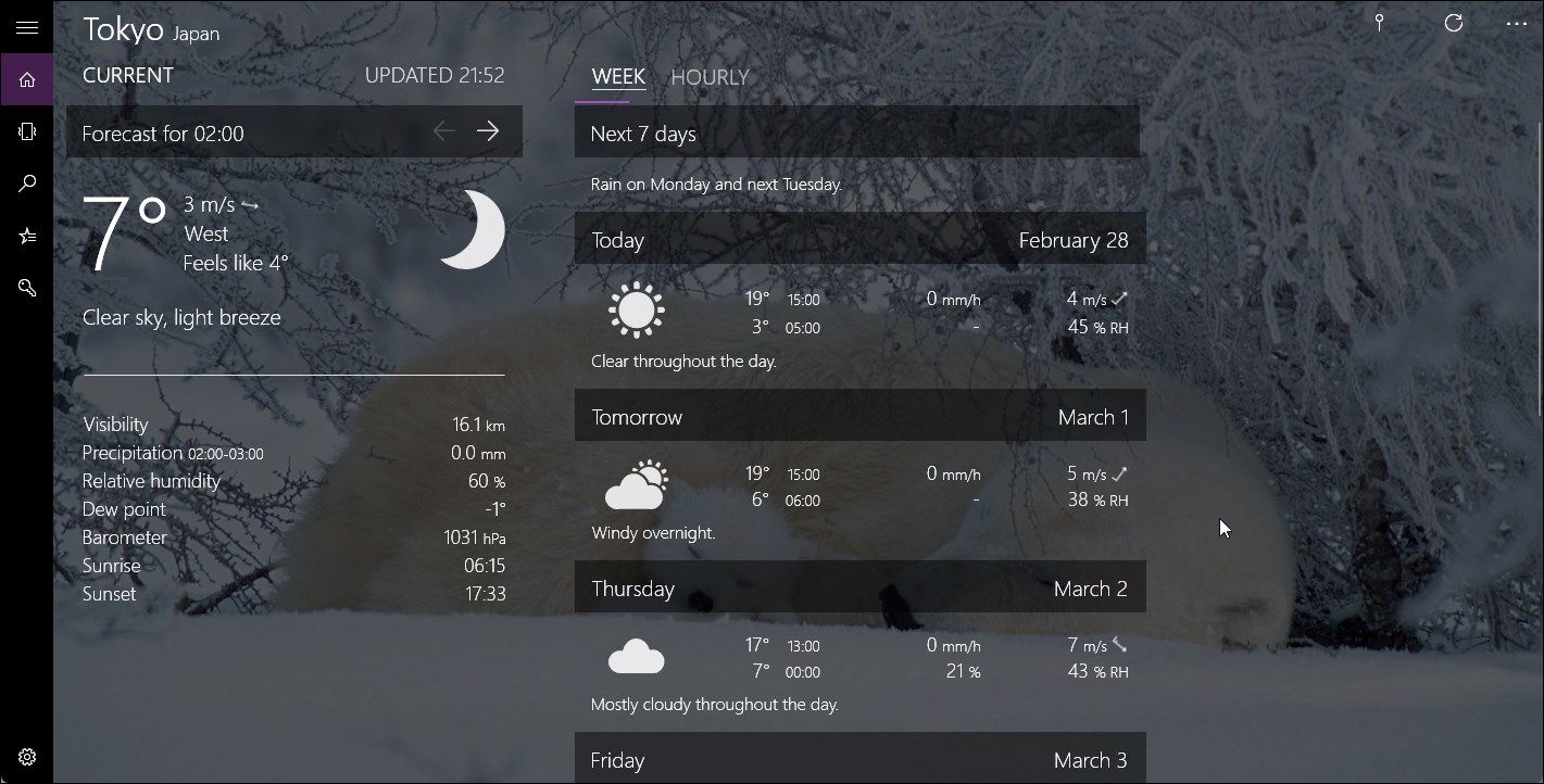 cửa sổ ứng dụng dự báo thời tiết
