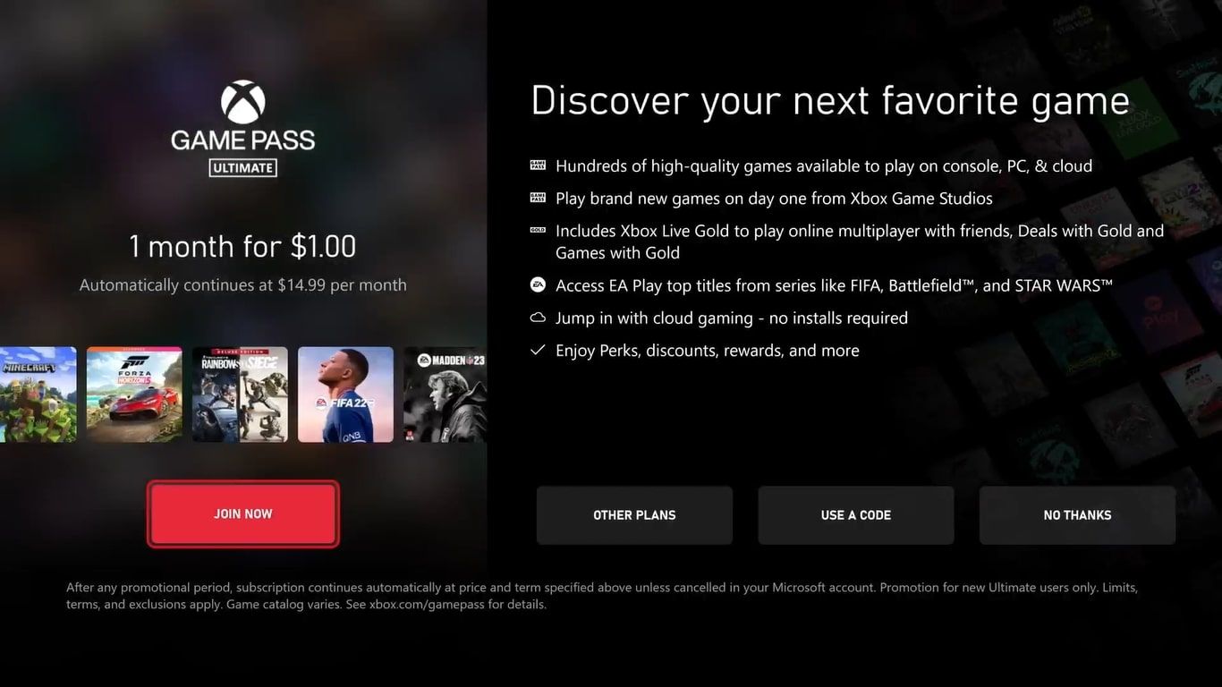 A screenshot of the Xbox Game Pass Ultimate listing on an Xbox Series S