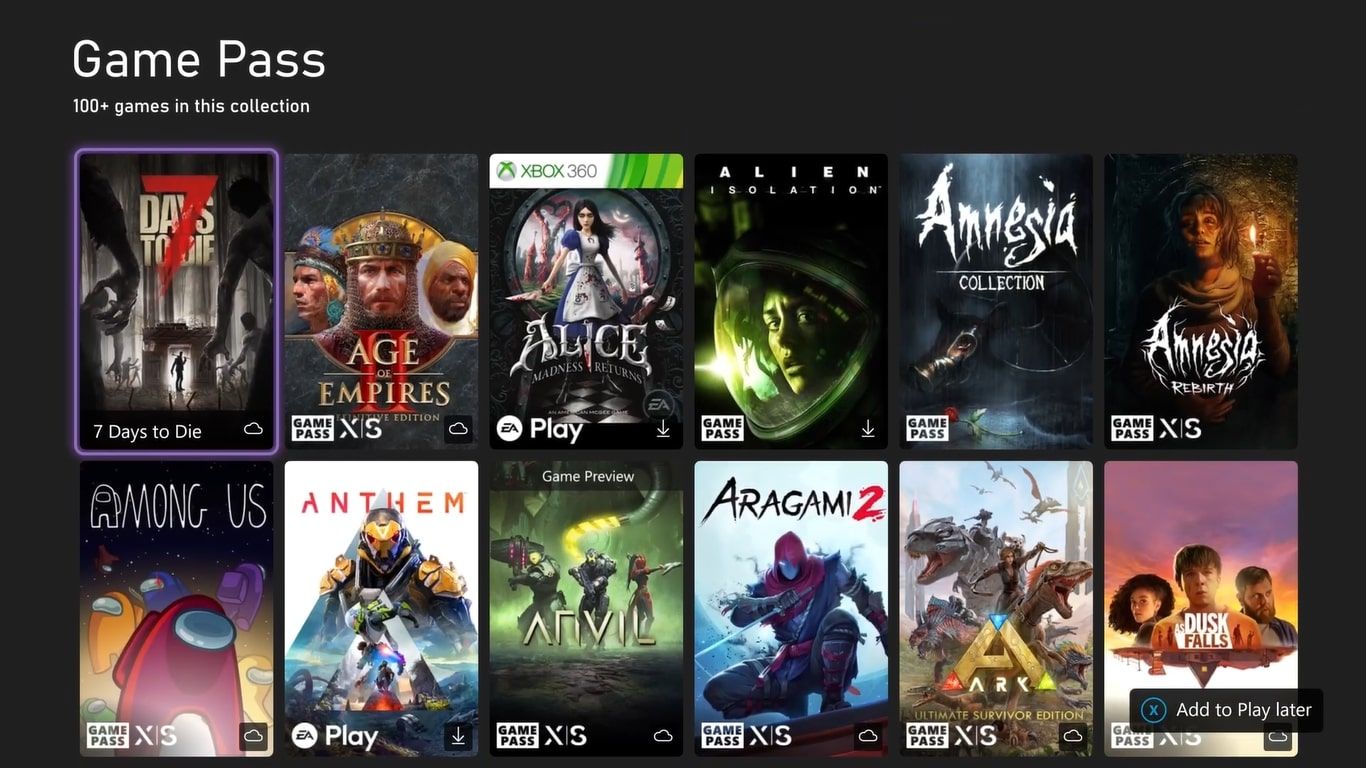 A screenshot of the home page for Xbox Game Pass on Xbox Series X