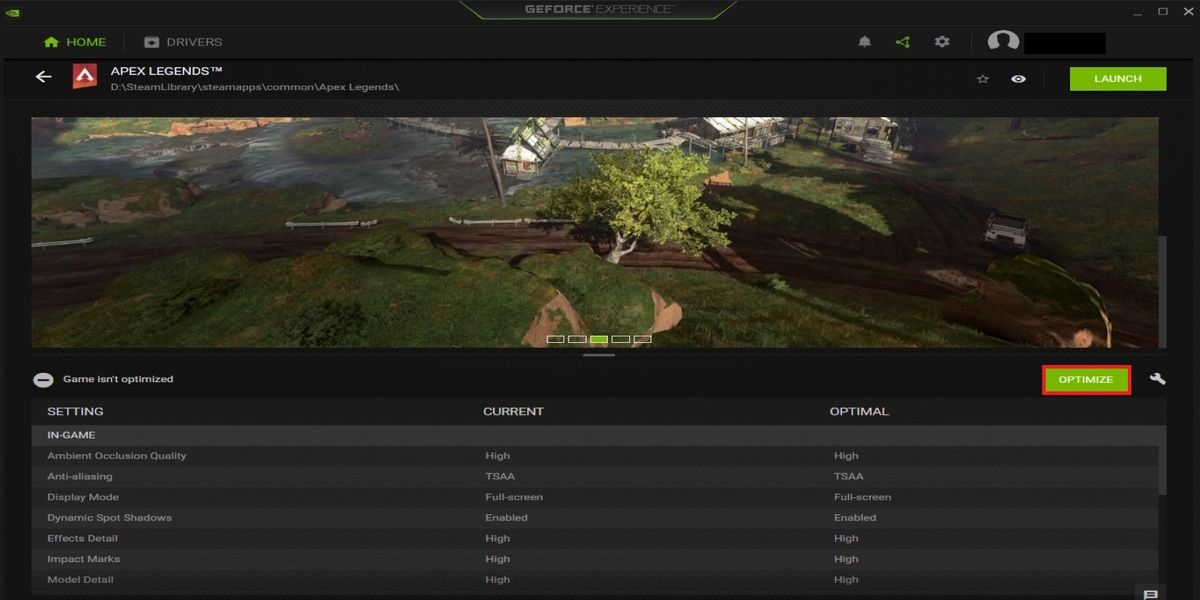 NVIDIA Geforce experience optimization page