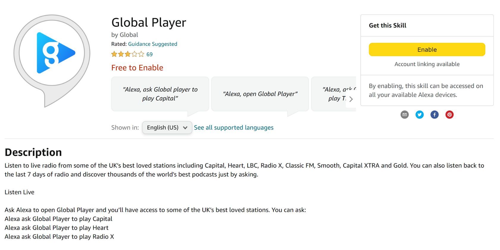 global player alexa skill details page