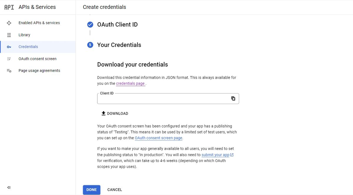 The credentials screen for Google’s Gmail API, now fully configured.