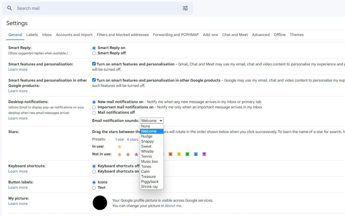 A screenshot of the Gmail Email Notification sounds dropdown menu in the General tab