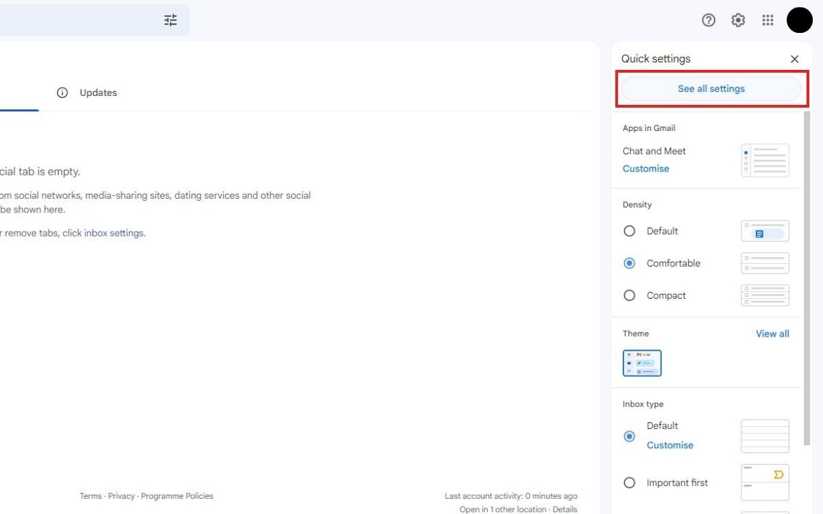 A screenshot of the Gmail Quick Settings dropdown menu