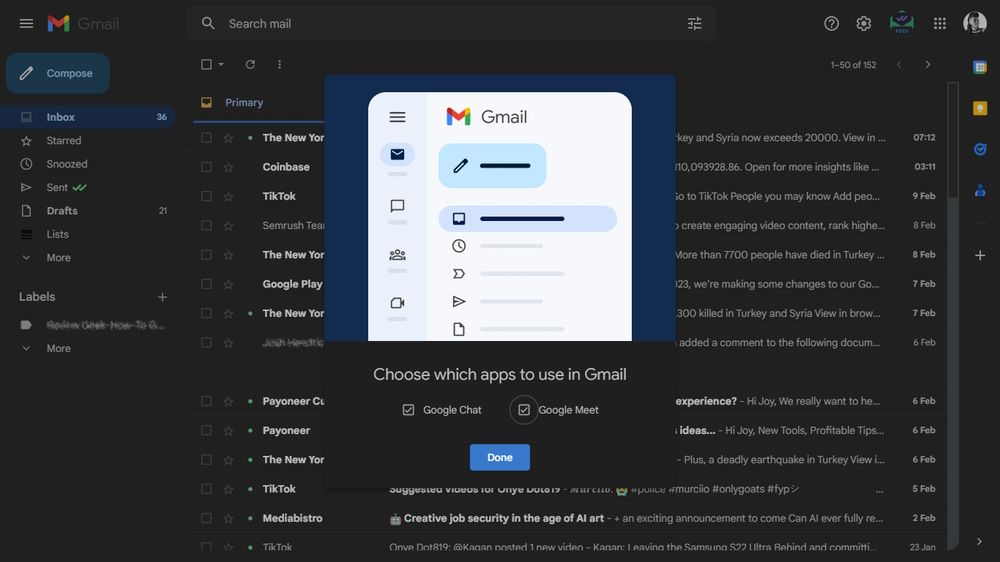 Gmail dengan kotak dialog Chat-Meet