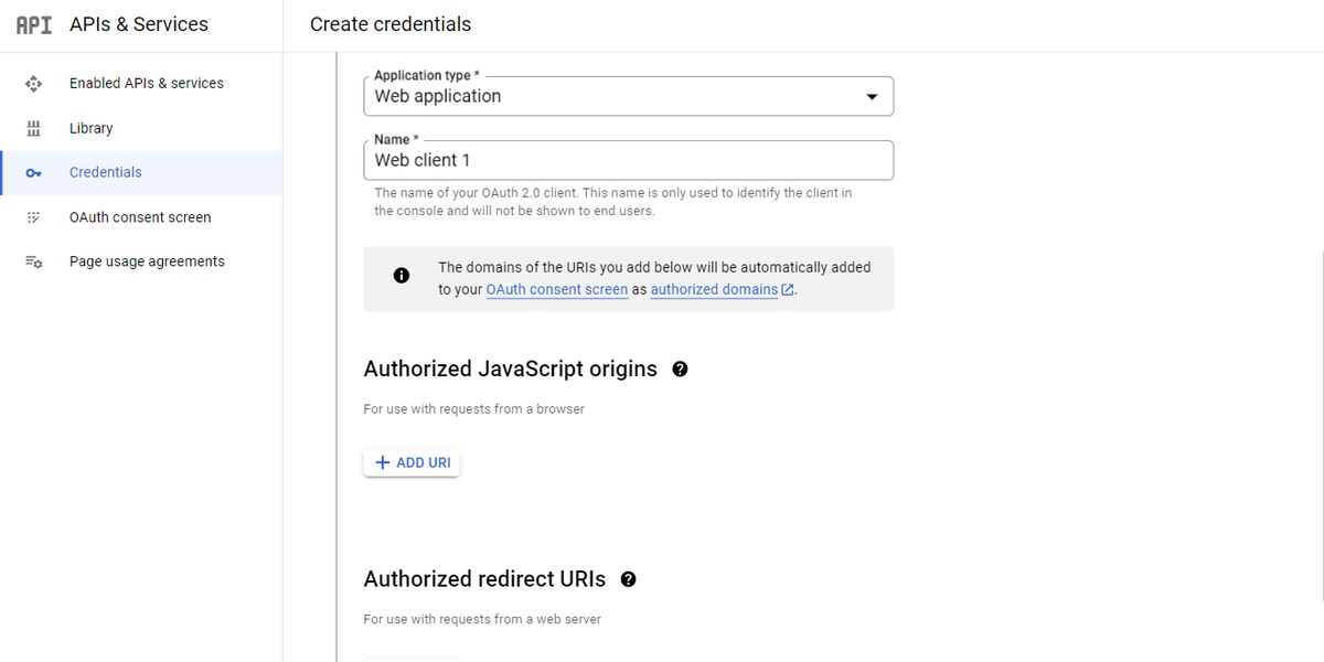 A form used to configure application information for a new set of credentials being generated for Google’s Gmail API.