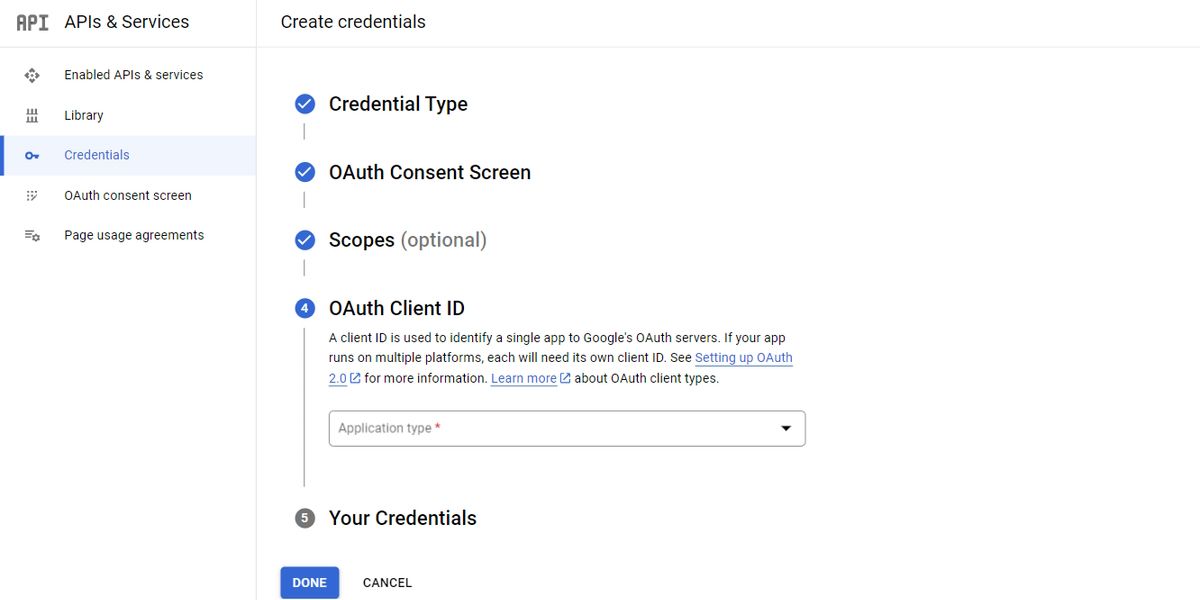 A form used to configure the OAuth Client ID for a new set of Google Admin API credentials.