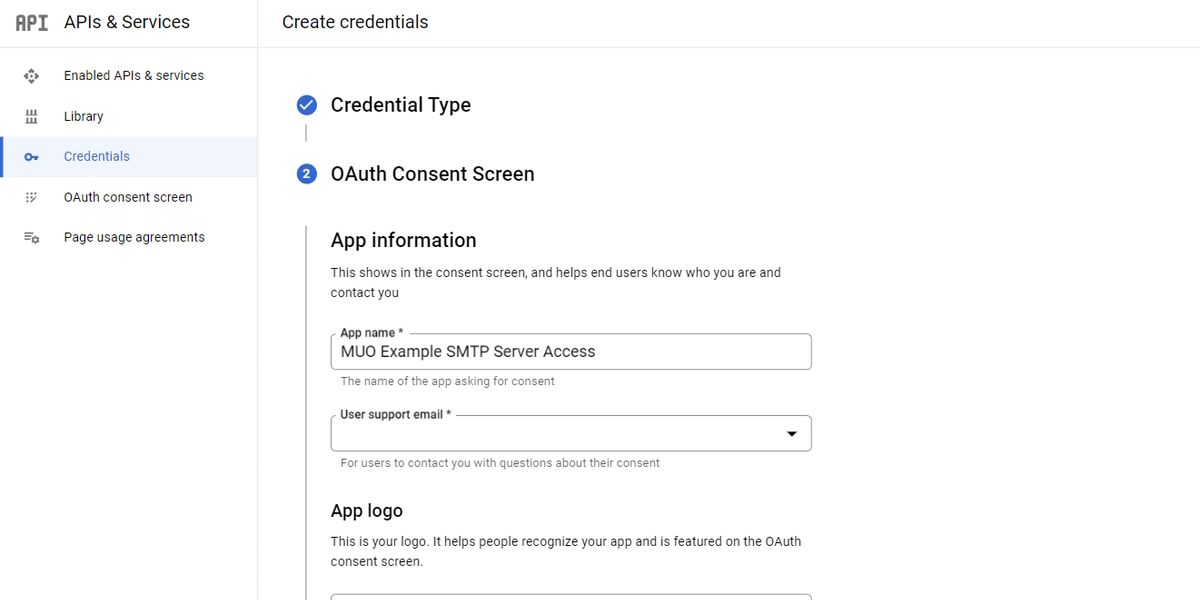 A form to configure a new OAuth Consent Screen for a set of Google Admin API credentials.
