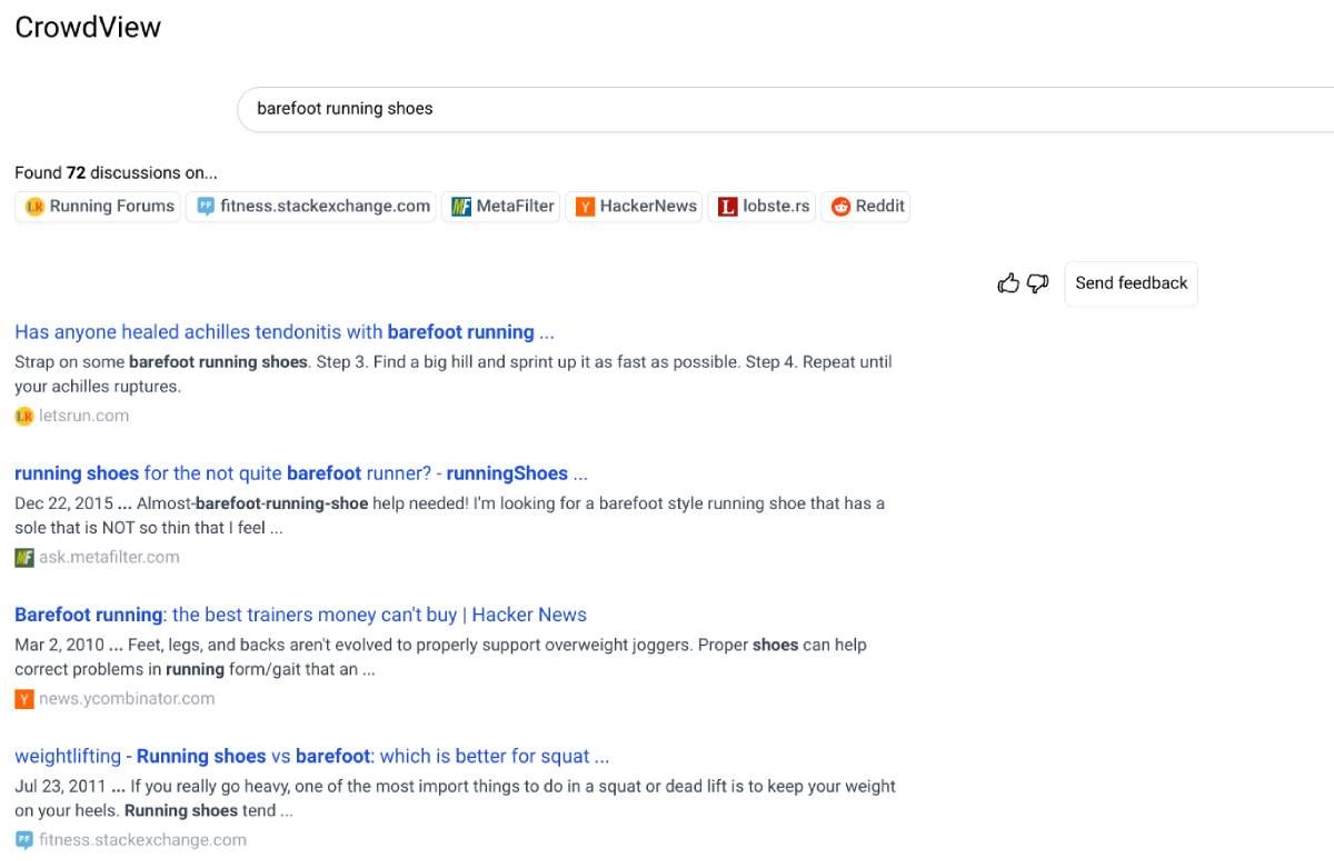 CrowdView searches forums and message boards to replace the now defunct Google Discussions