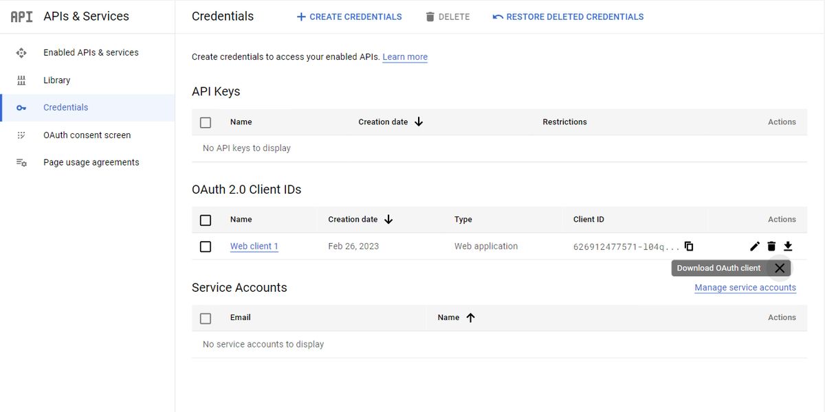 Google’s APIs & Services Dashboard on the “Credentials” tab. The “Download OAuth client” button is selected.