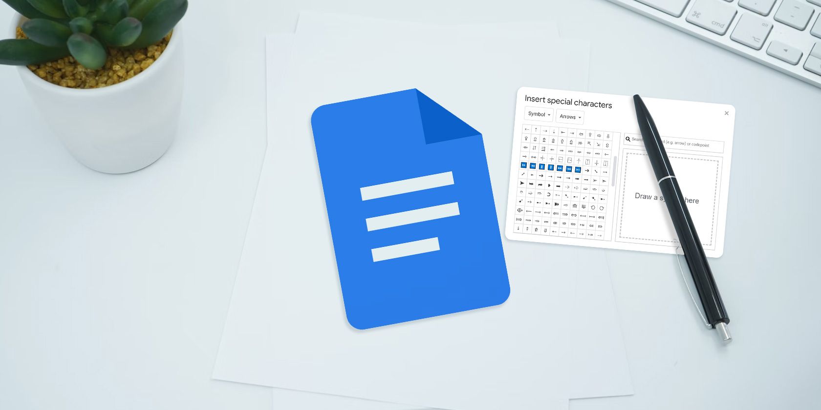 A large blue icon representing a document superimposed on a photo of a desk