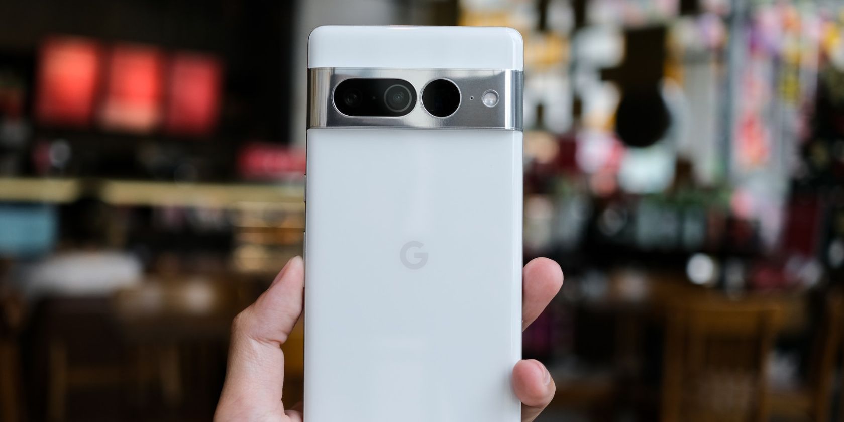 The back of a Google Pixel 7 Pro in Snow color